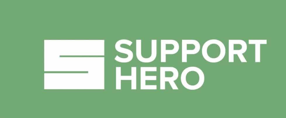 Green background, support hero logo.